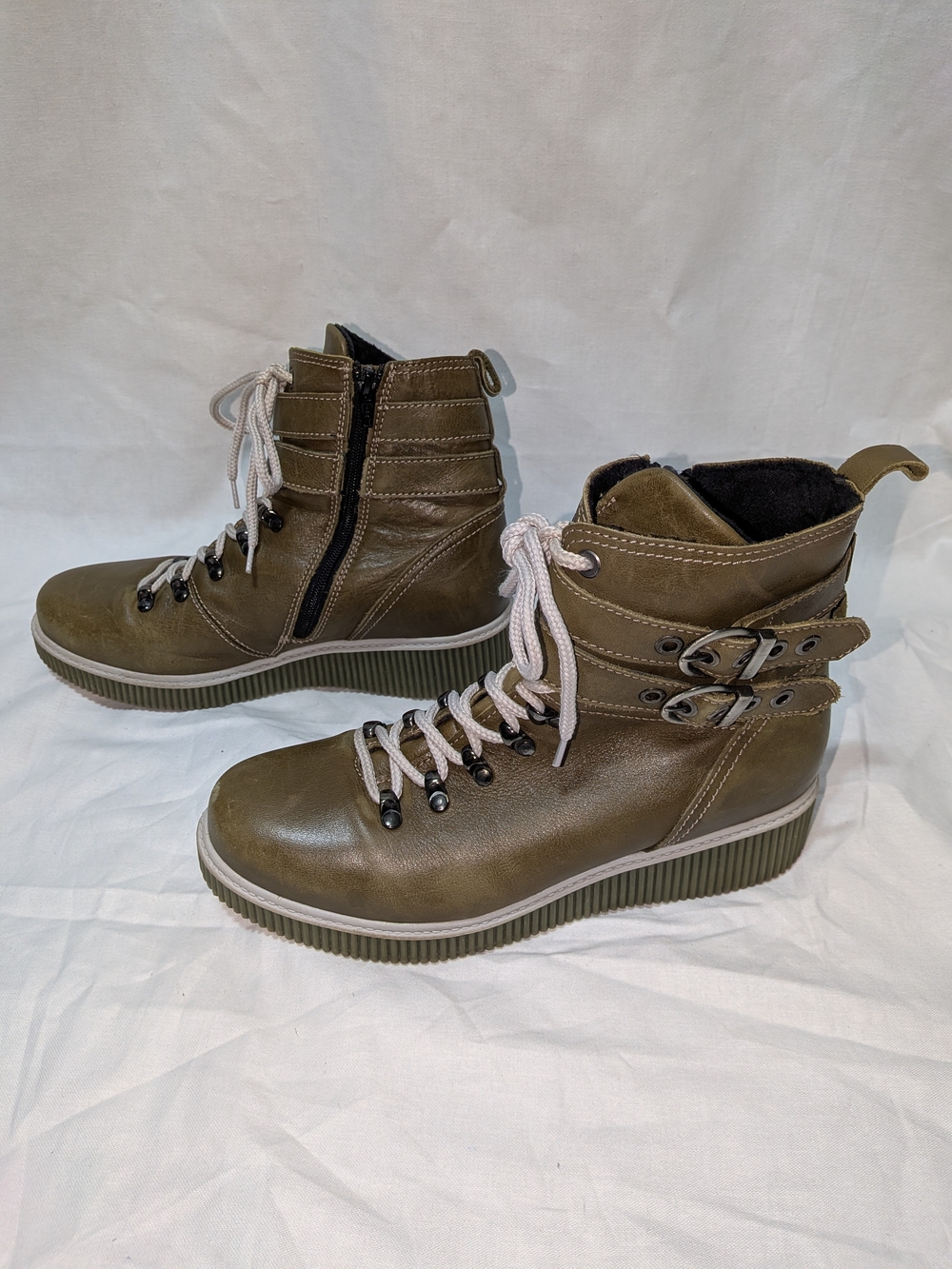 Dromedaris Women’s Olive Lace-Up Ankle Boots with Buckle Detail Size 40